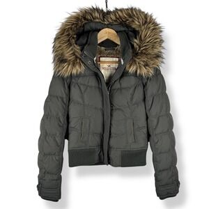 Vintage Y2K Hollister Down Puffer Jacket Womens Size Small Faux Fur Hood Preppy